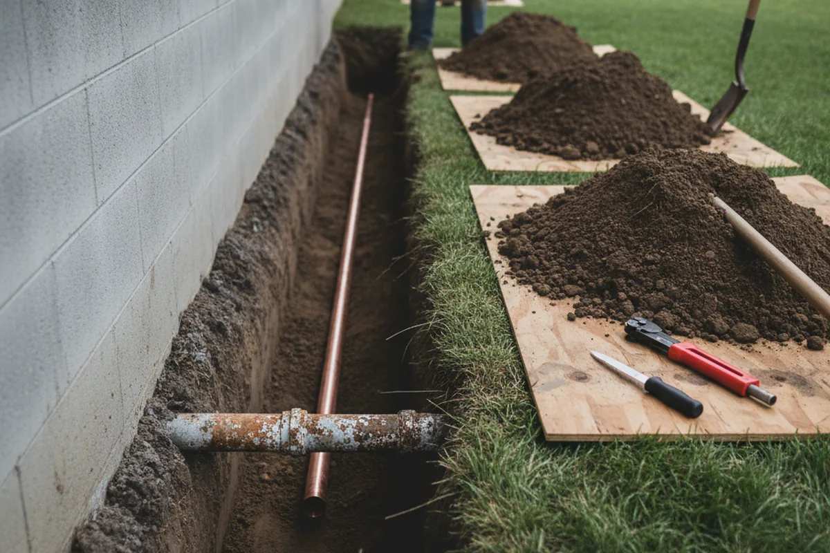 Excavated water line trench during Water Softener Installation in West Jefferson